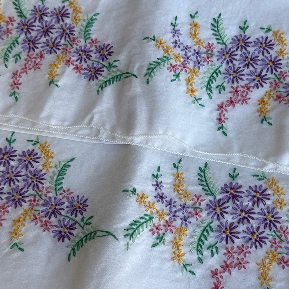 Vintage Hand Embroidered Pillowcases – Floral Pastel Design – 1950s Cotton Pair - Picture 2 of 16